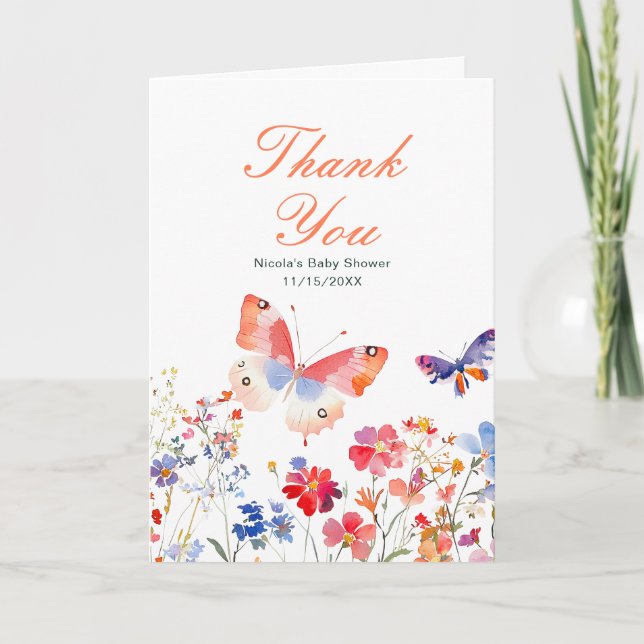 Carte De Remerciements Baby shower à papillons floraux d'été (Devant)