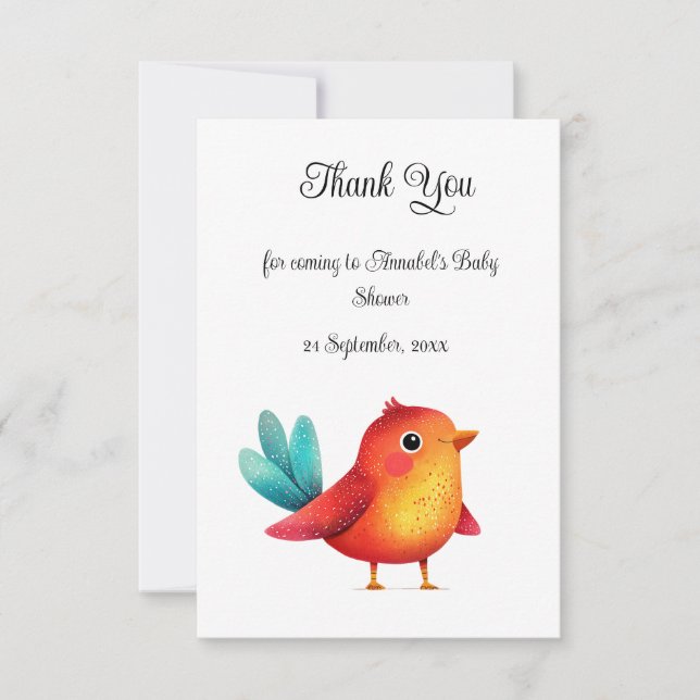 Carte De Remerciements Baby shower À Thème Oiseau Mignonne Aquarelle (Devant)