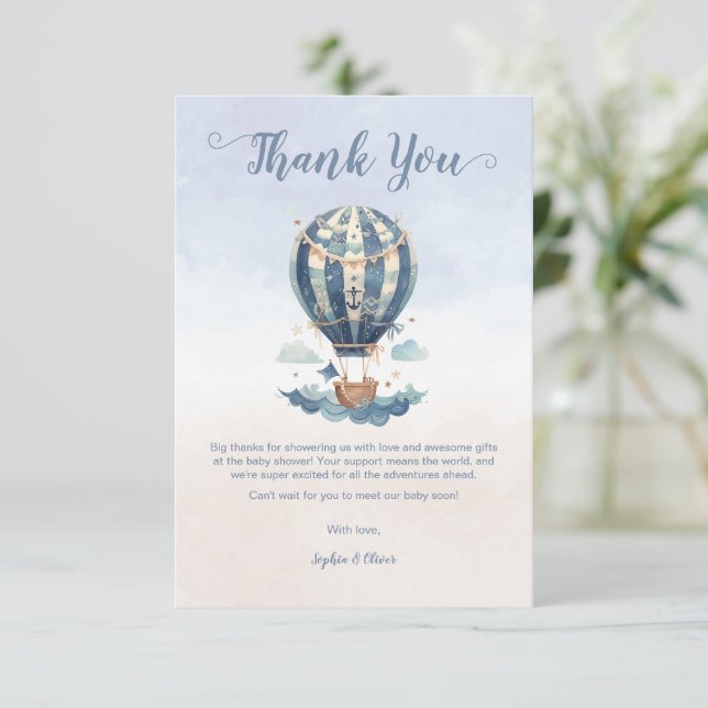 Carte De Remerciements Baby shower Ancre à ballon à air chaud aquarelle (Debout devant)