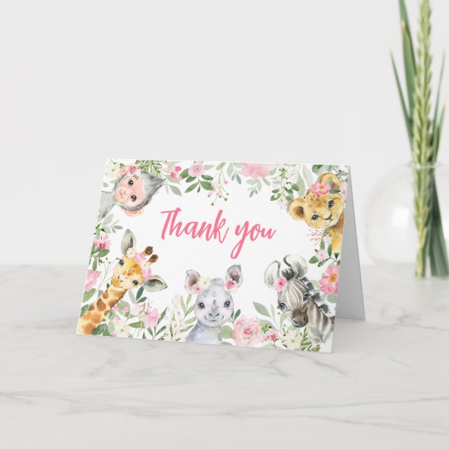 Carte De Remerciements Baby shower animaliers pour filles Safari (Devant)