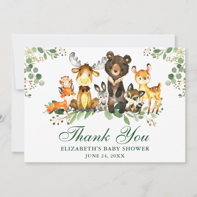 Carte De Remerciements Baby shower Aquarelle Bois Animaux (Devant)