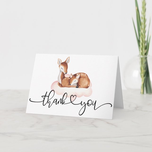 Carte De Remerciements Baby shower aquarelle cerf nuage rose (Devant)
