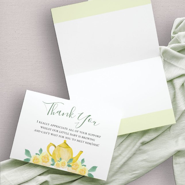 Carte De Remerciements Baby shower Aquarelle Jaune Teapot Floral (Yellow Teapot Baby Shower thank you card)