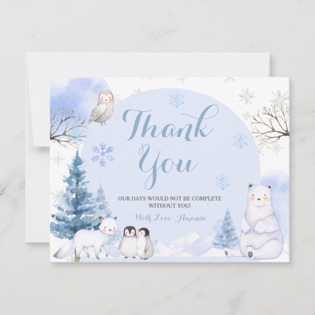 Carte De Remerciements BABY SHOWER ARCTIQUE ANIMAL Snowflakes Arbres (Devant)