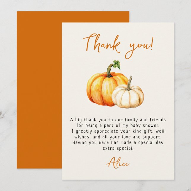 Carte De Remerciements Baby shower Automne Rustique Petit Citrouille (Devant / Derrière)