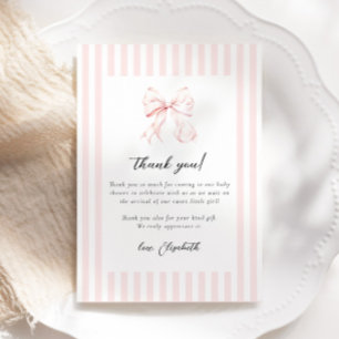 Carte De Remerciements Baby Shower aux rayures roses et nœud