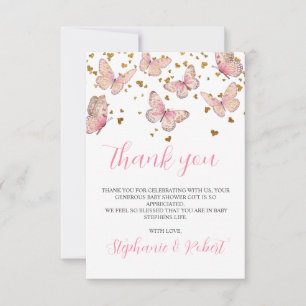 Carte De Remerciements Baby shower Baisers à papillon rose et or