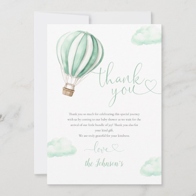 Carte De Remerciements Baby shower Ballons à air chaud vert mignon (Devant)