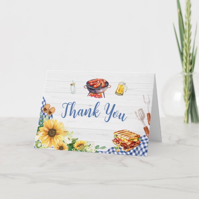 Carte De Remerciements Baby shower BBQ Sunflower bleu (Devant)