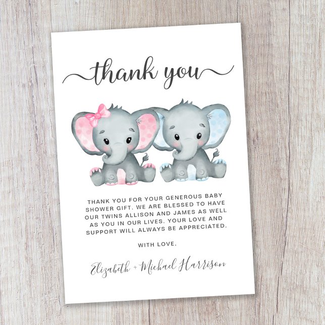 Carte De Remerciements Baby shower bébé Eléphant Twin Girl (Créateur téléchargé)