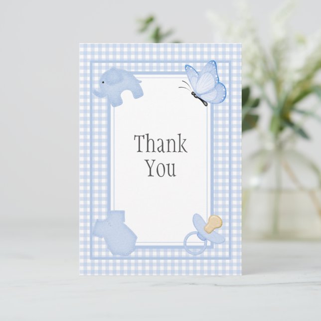 Carte De Remerciements Baby shower bleu blanc En vichy (Debout devant)
