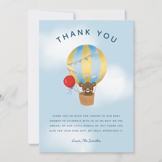Carte De Remerciements Baby shower Bleu Cute Hot Air (Devant)