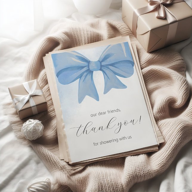 Carte De Remerciements Baby shower bleu-duvet en aquarelle (Dusty Blue Watercolor Bow Baby Shower Thank You Card)