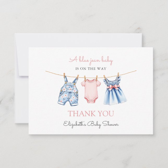 Carte De Remerciements Baby shower Bleu Jean Bébé fille (Devant)