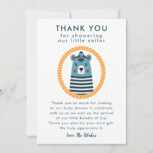 Carte De Remerciements Baby shower bleu nautique d'ours de marin