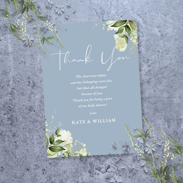 Carte De Remerciements Baby shower bleu vert Dusty poème (Greenery Dusty Blue Baby Shower Poem Thank You Card)