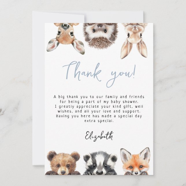 Carte De Remerciements Baby shower Blue Cute Woodland Forest Animaux (Devant)