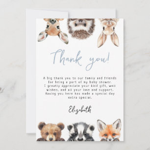 Carte De Remerciements Baby shower Blue Cute Woodland Forest Animaux