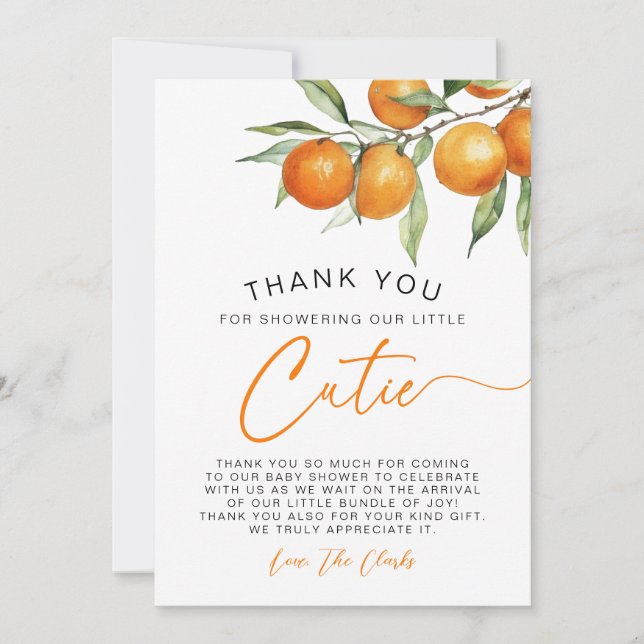 Carte De Remerciements Baby shower Botanique Citrus Orange Little Cutie (Devant)