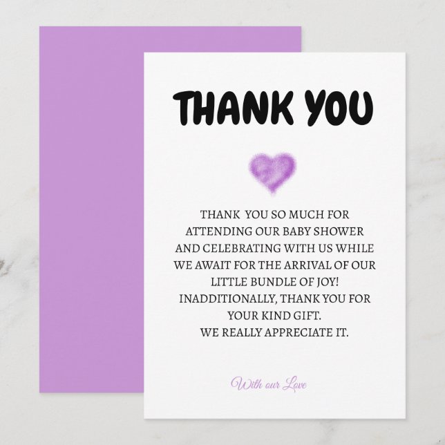 Carte de remerciements Baby shower cardiaque (Devant / Derrière)