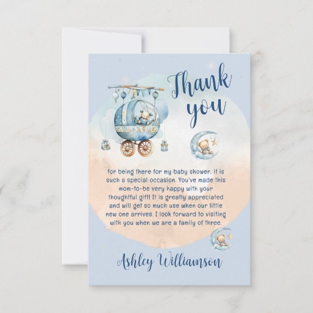 Carte De Remerciements Baby shower céleste de l'ours en peluche mignon (Devant)