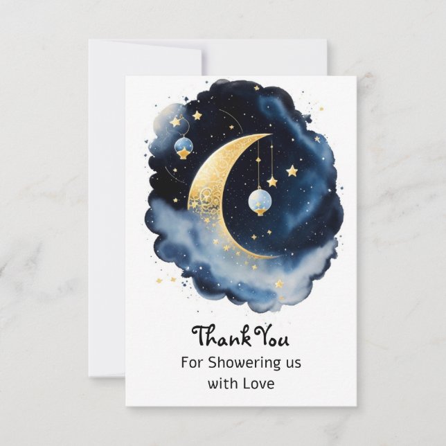 Carte De Remerciements Baby shower céleste Lune et étoiles Aquarelle (Devant)