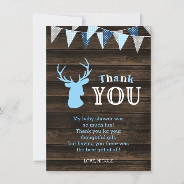 Carte De Remerciements Baby Shower Cerf Bleu Bois Rustique (Devant)