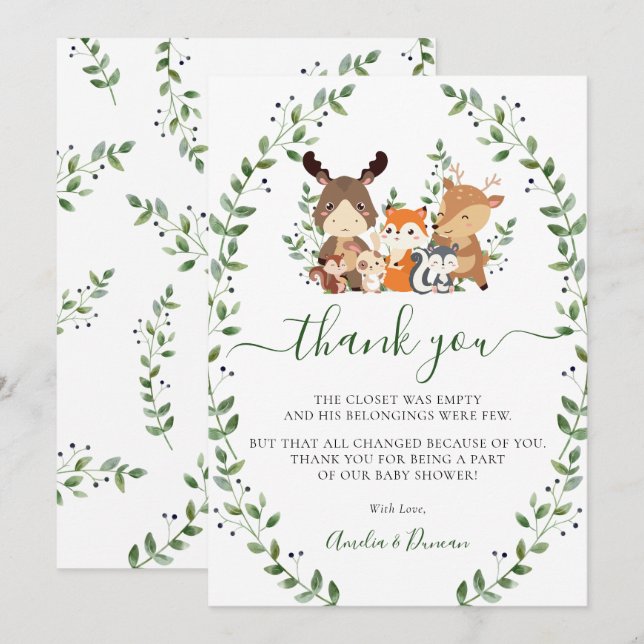 Carte De Remerciements Baby shower Chic Woodland Green Forest Animaux (Devant / Derrière)