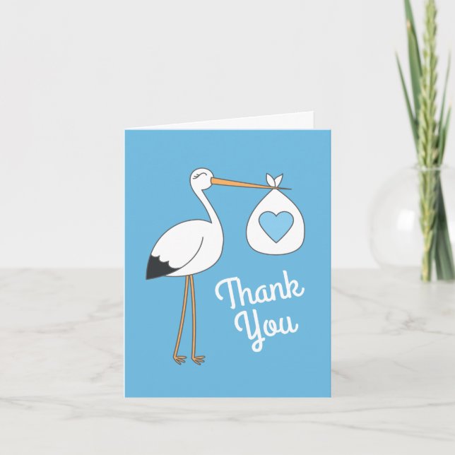 Carte De Remerciements Baby shower cigogne bleu garçon (Devant)