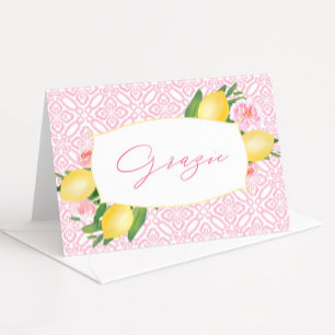 Carte De Remerciements Baby shower citrons d'aquarelle en carreaux rose g
