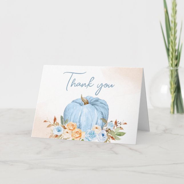 Carte De Remerciements Baby shower Citrouille à fleurs à automne bleu (Devant)