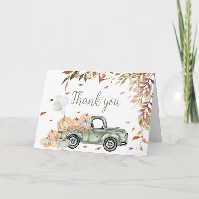 Carte De Remerciements Baby shower Citrouille de camion vert (Devant)