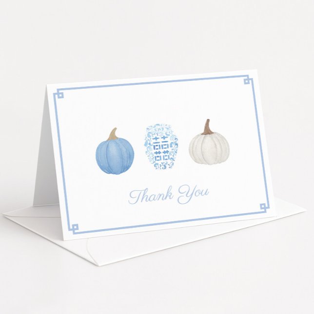 Carte De Remerciements Baby shower Citrouille Preppy Blue White (Preppy blue and white watercolor pumpkins thank you card design with ginger jar)