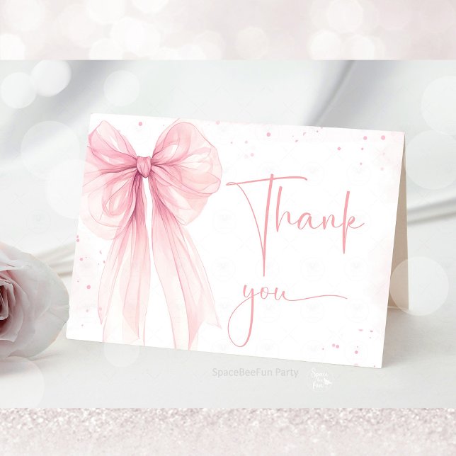 Carte De Remerciements Baby shower Coquette rose Bow (A delicate Bow Pink Coquette baby shower collection featuring soft pink bows, elegant details, and c)