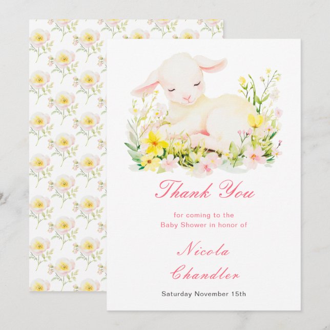 Carte De Remerciements Baby shower d'agneau de printemps (Devant / Derrière)