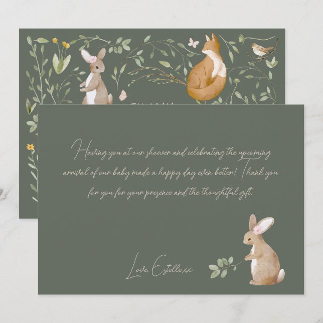 Carte De Remerciements Baby shower d'amis de la forêt (Devant / Derrière)