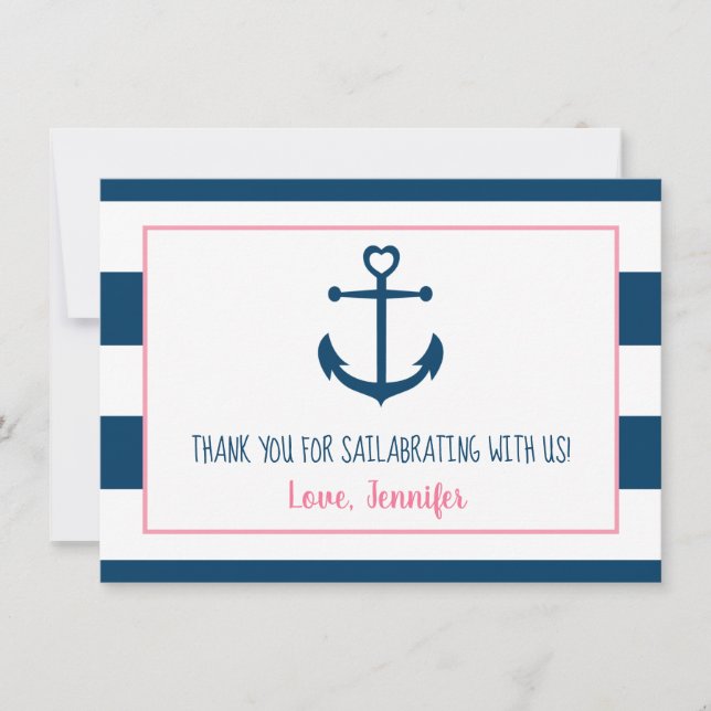 Carte De Remerciements Baby shower d'Ancre nautique fille de la marine ro (Devant)
