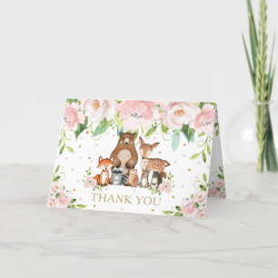 Carte De Remerciements Baby shower d'animaux boisés rose pâle