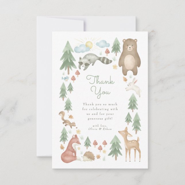 Carte De Remerciements Baby shower d'animaux de bois mignons (Devant)