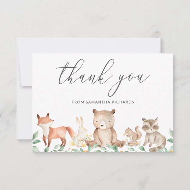 Carte De Remerciements Baby shower d'animaux de bois neutres de genre mig (Devant)