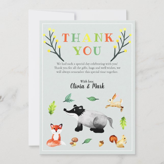 Carte De Remerciements Baby shower d'animaux de la forêt boisée mignonne (Devant)