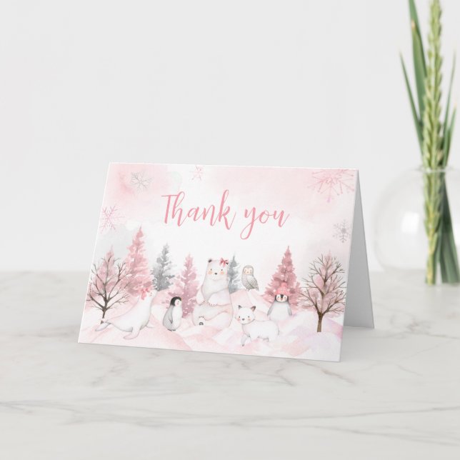 Carte De Remerciements Baby shower d'animaux de l'Arctique rose (Devant)