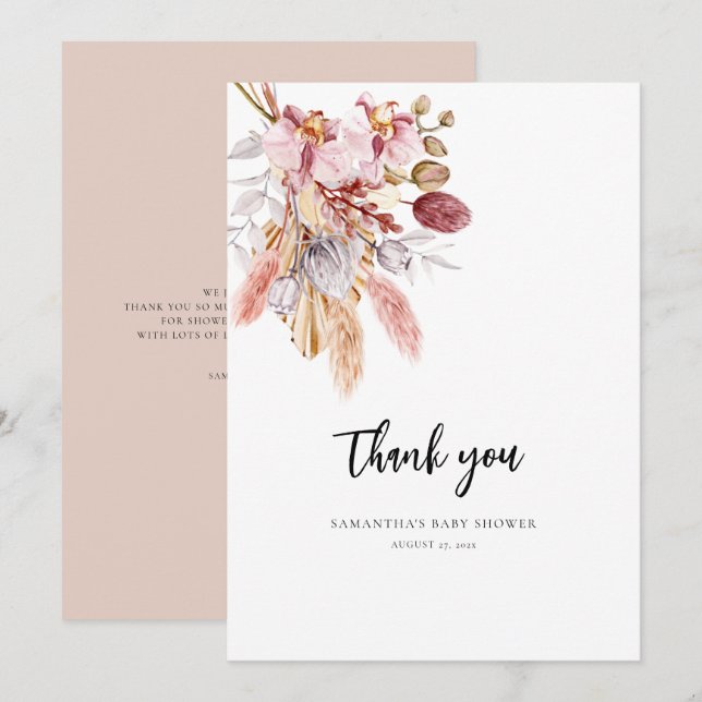 Carte De Remerciements Baby shower d'aquarelle en laiton Floral Pampas (Devant / Derrière)