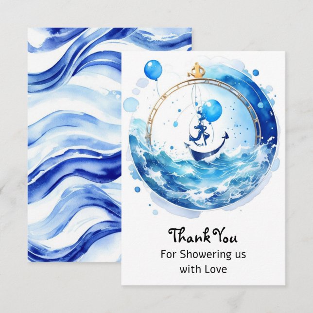 Carte De Remerciements Baby shower d'aquarelle nautique aventure du garço (Devant / Derrière)