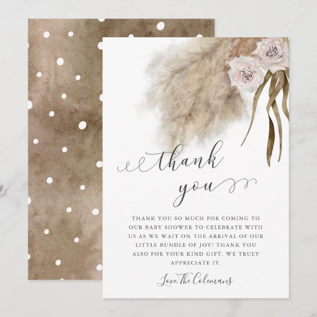 Carte De Remerciements Baby shower d'aquarelle rose Pampas Grass (Devant / Derrière)