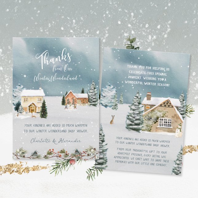 Carte De Remerciements Baby shower d'aquarelle Sweet Winter Wonderland (Sweet Winter Wonderland Watercolor Baby Shower Thank You Card ©Susanne Sachers - Sunny Mind Design )