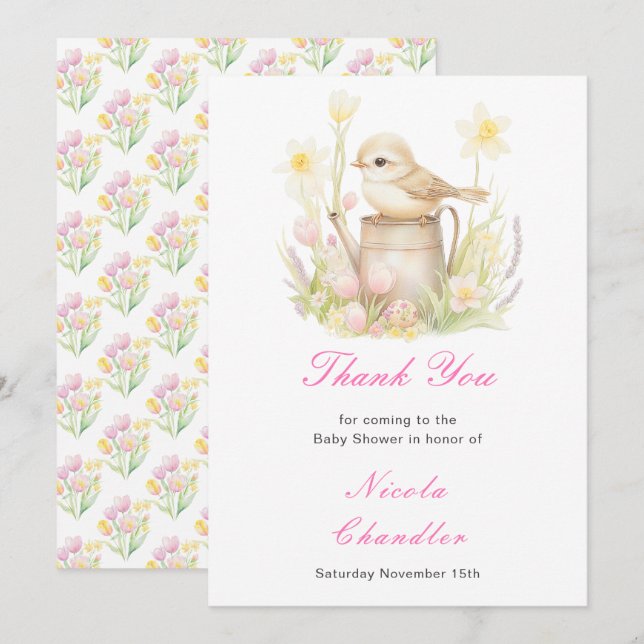 Carte De Remerciements Baby shower d'arrosage des oiseaux de printemps (Devant / Derrière)