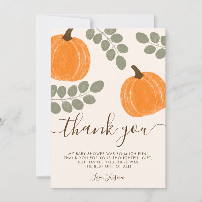 Carte De Remerciements Baby shower d'automne Citrouille mignon Eucalyptus (Devant)