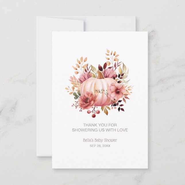 Carte De Remerciements Baby shower d'automne Citrouille rose (Devant)
