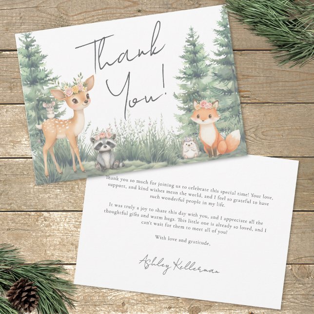 Carte De Remerciements Baby shower d'aventure des animaux forestiers de b (Woodland Forest Animals Adventure Baby Shower Thank You Card)